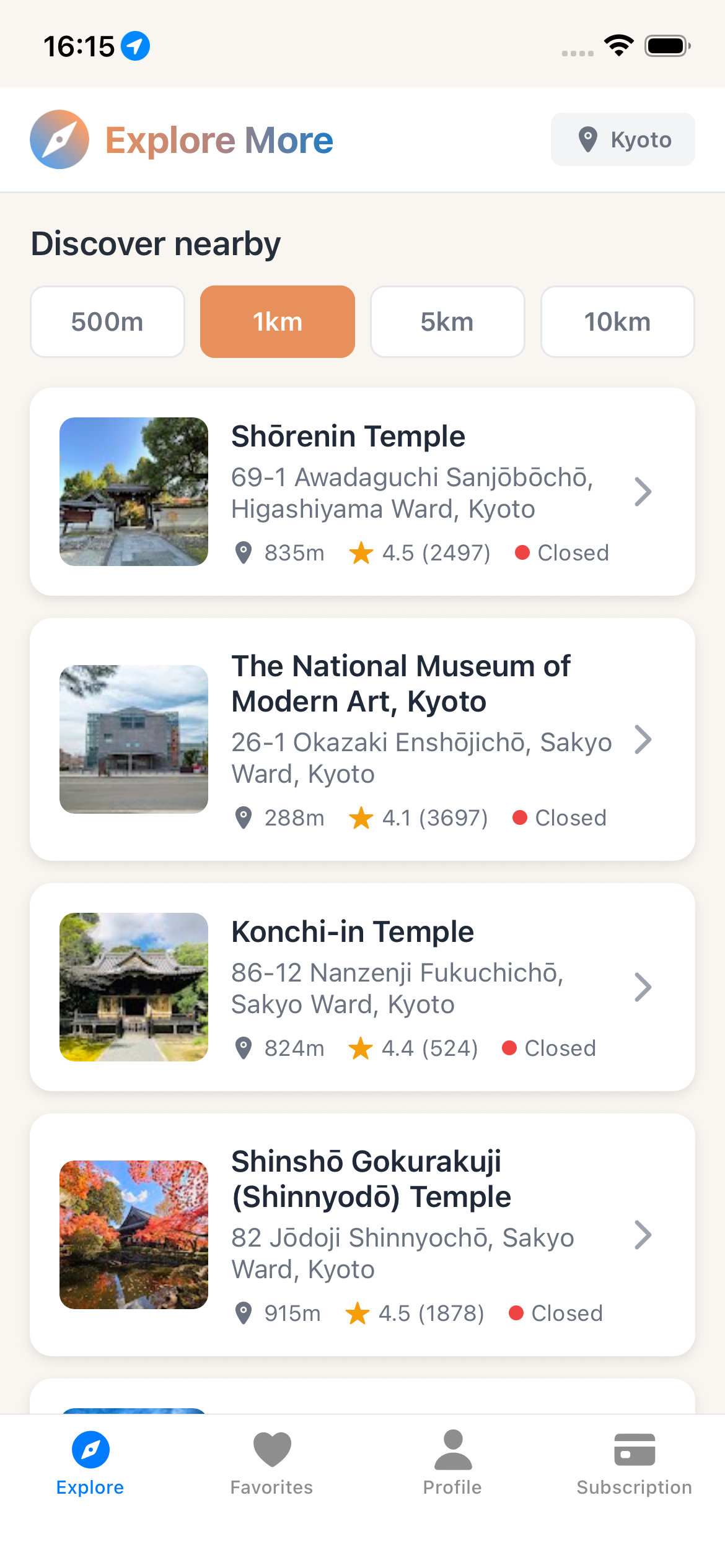 Nearby places list